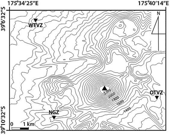 Location map of the NGZ, OTVZ, and WTVZ seismic stations (inverted triangles) around the Ngauruhoe volcano edifice (solid triangle) in the North Island, New Zealand. Contour interval in this elevation map above sea level is 50 m.