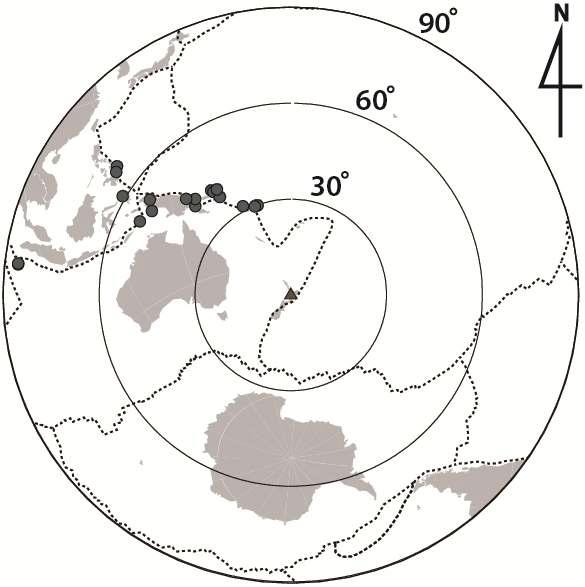 The epicenters of 21 teleseismic earthquakes (gray circles) used for the inversion. The concentric circles centered at the seismic station OTVZ (triangle) are at 30-degree intervals of angular distance.