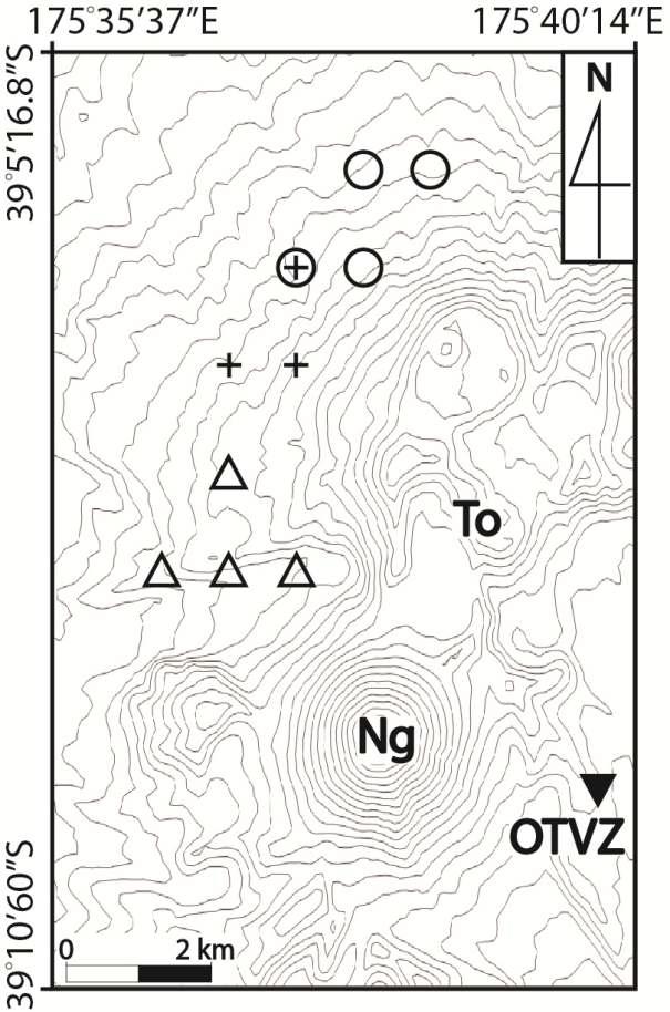 Piercing points of Groups 1 (open circles), 2 (crosses), and 3 (open triangles) at the Moho for raypaths arriving at the OTVZ station (inverted triangle). The interval in this elevation map is 50 m. (Ng = Ngauruhoe; To = Tongariro)