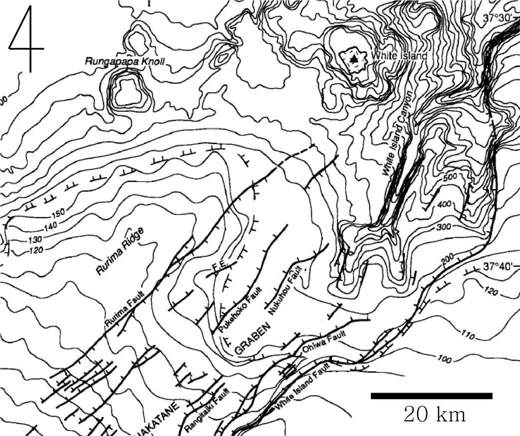 Structural map near White Island superimposed on bathymetry contours (modified from Wright, 1990). The area is dominated by extensional faulting while a complex zig-zag arrangement of White Island Canyon may be related to volcanism in this area.
