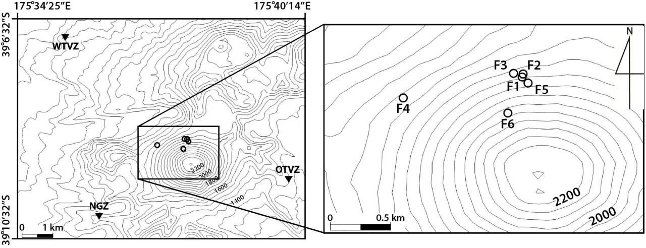 Location map of the seismic stations (inverted triangles) and epicenters of the families (F1–F6; black circles).