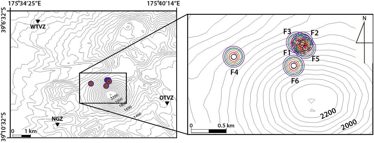 Location map epicenters of the families (F1–F6; black circles) corresponding to the piking errors of ±1 (red circles), ±2 (orange circles), ±3 (green circles), ±4 (blue circles), and ±5 samples (violet circles). The seismic stations WTVZ, NGZ, and OTVZ (inverted triangles) are also indicated.