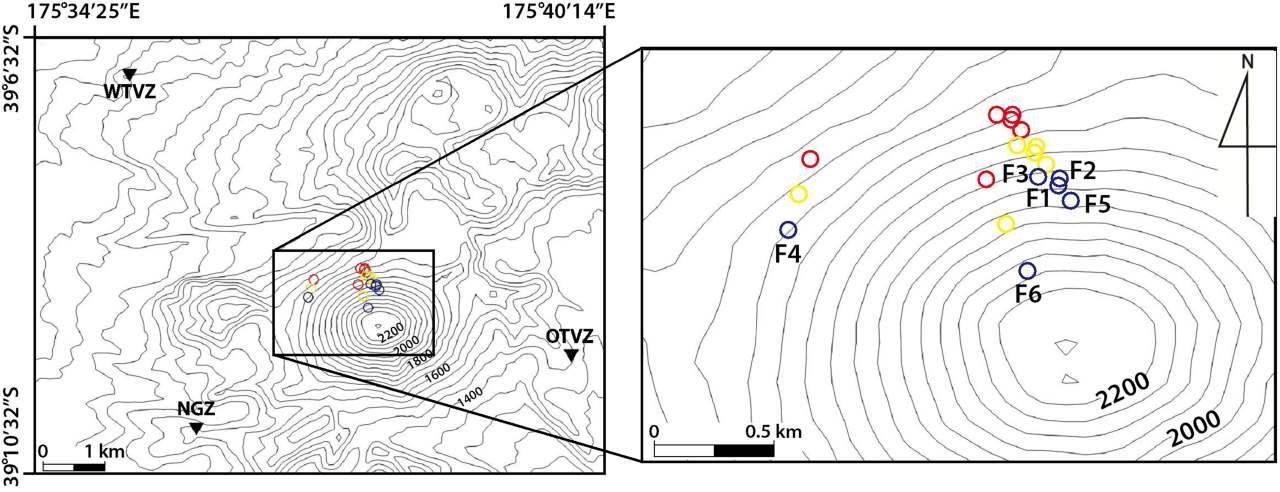 Location map of source locations of the families (F1–F6) depending on the velocity changes: 2.5 (red circles), 3.0 (yellow circles), and 3.5 m/s (blue circles). The seismic stations WTVZ, NGZ, and OTVZ (inverted triangles) are also indicated.