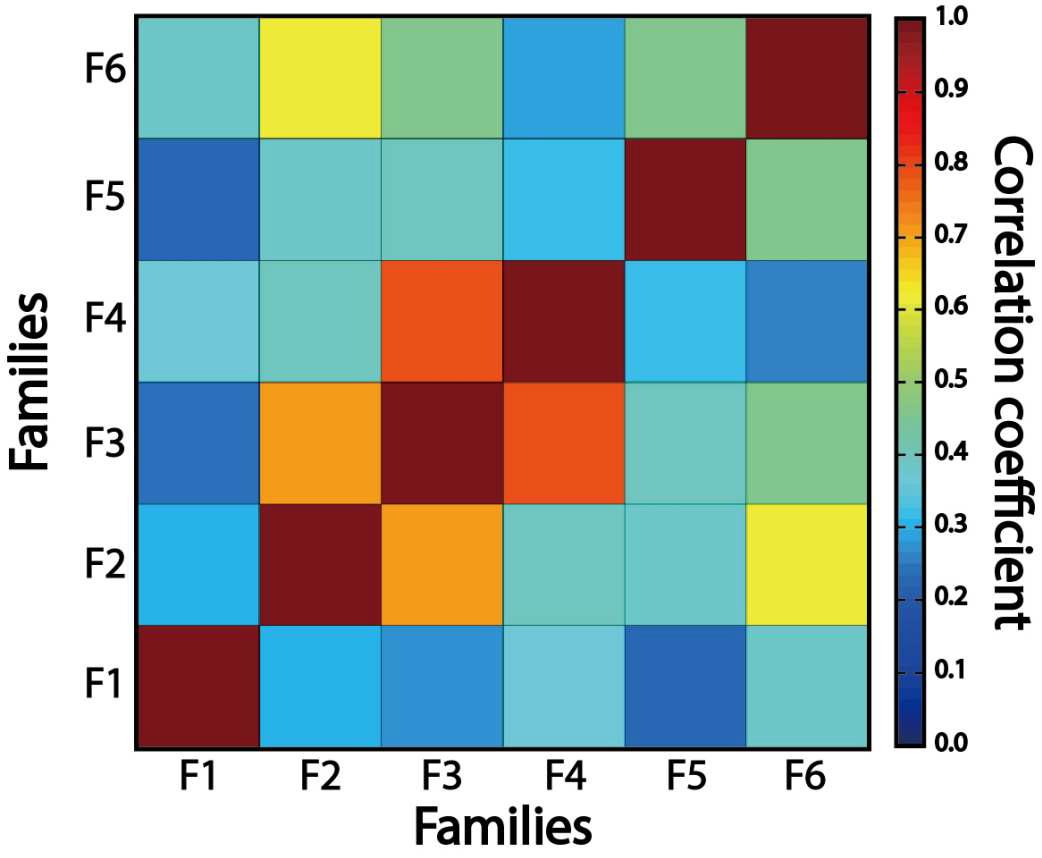 Similarity matrixes for the Families F1–F6.