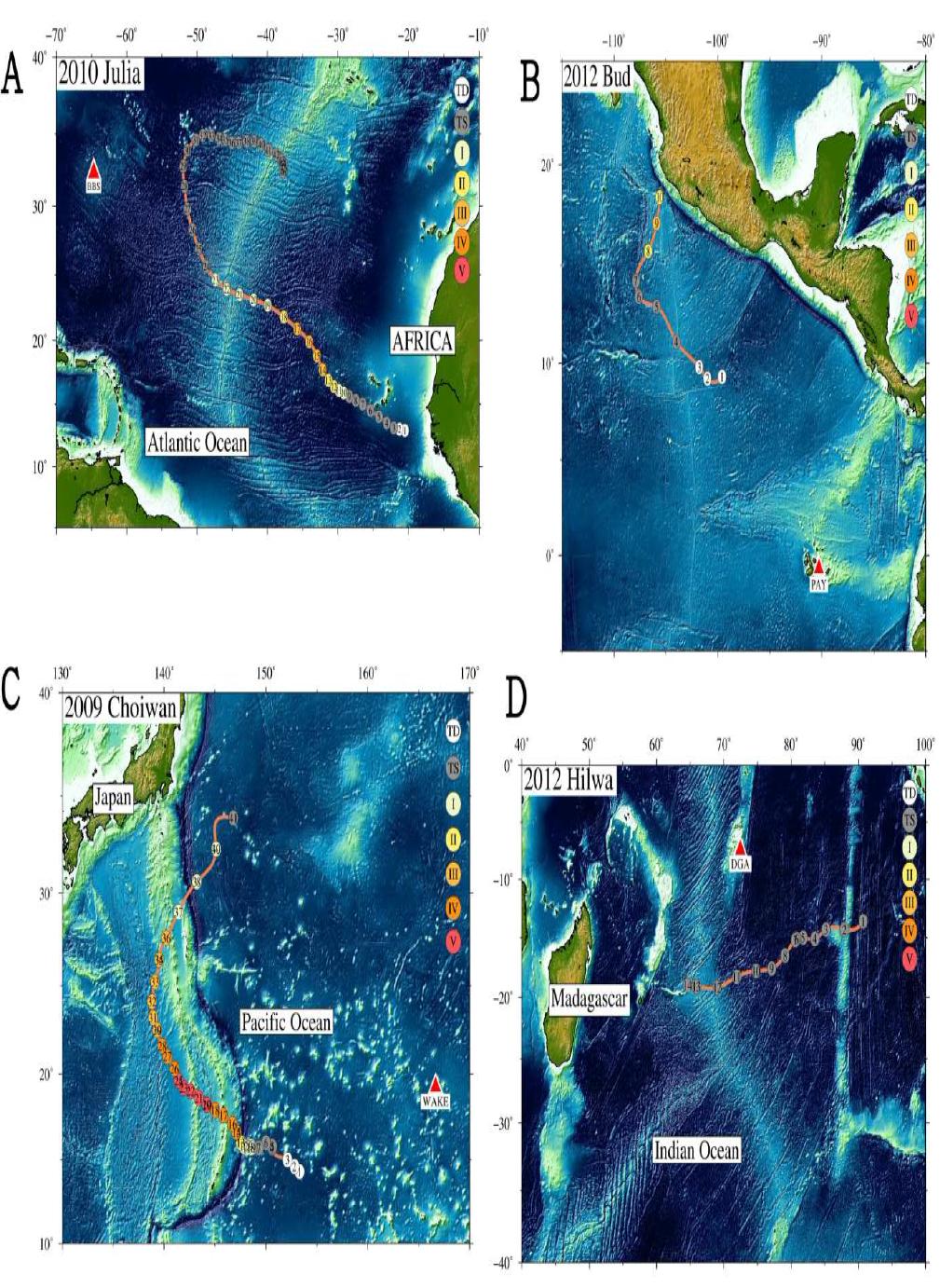 Selected oceanic cyclones. Four oceanic cyclones, Julia (2010), Bud (2012), Choiwan (2009), and Hilwa (2012) from Atlantic, Western and Eastern Pacific and Indian ocean, respectively are selected. Number in circles denotes cyclone locations corresponding to the results of Fig. 4. The strength of cyclones are represented by the colors. Seismic stations recording microseisms from the cyclones are shown in red triangle.