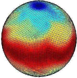 Figure 1.4: 500에서의 온도 장에 대한 순 간 표출은 MITgcm의 대기 isomorph를 이용해서 얻 는다.