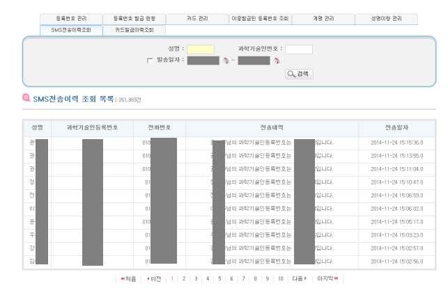 과학기술인등록 SMS 전송이력 조회