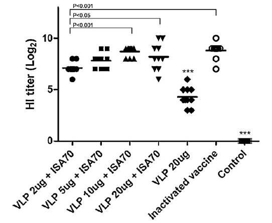 VLP 백신을 투여한 닭에서 형성된 anti-H antibody titer