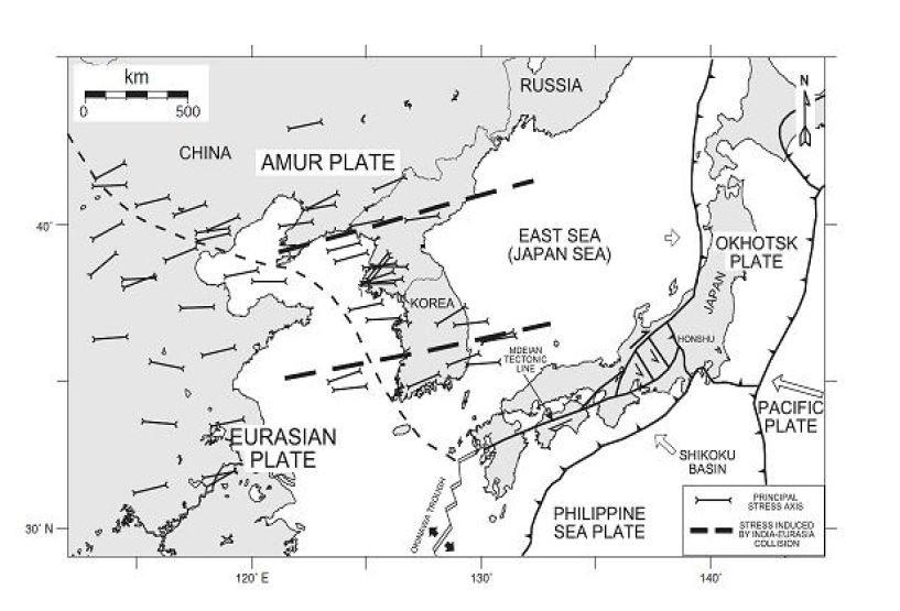 Fig. 1-2. Present-day stress field in East Asia, based on the focal mechanism solution of recent earthquakes, showing a strong eastward component. (From Lee et al., 2011)