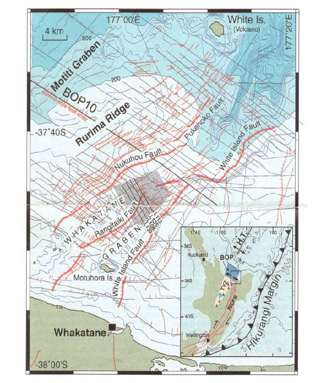 Fig. 2-2. Interpratation map of geologic structure of the Whakatane Graben, New Zealand, showing the major active faults and the positions of the multichannel seismic and 3.5 KHz profiles (from Lamarche et al., 2000).
