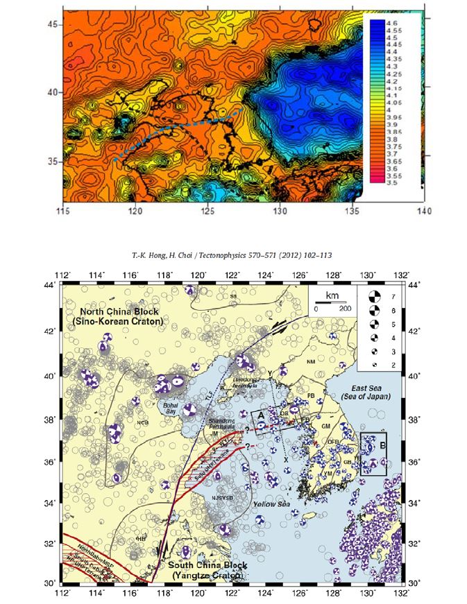 Fig. 3-4. (Upper) Distribution of s-wave vleocity (Vs) at 30 km depth computed from ambient noise tomograpy (after Kim et a., 2014). The scale bar denotes Vs in km/s. (Lower) Fault plane solutions in and around the Yellow Sea (Hong and Choi, 2012).