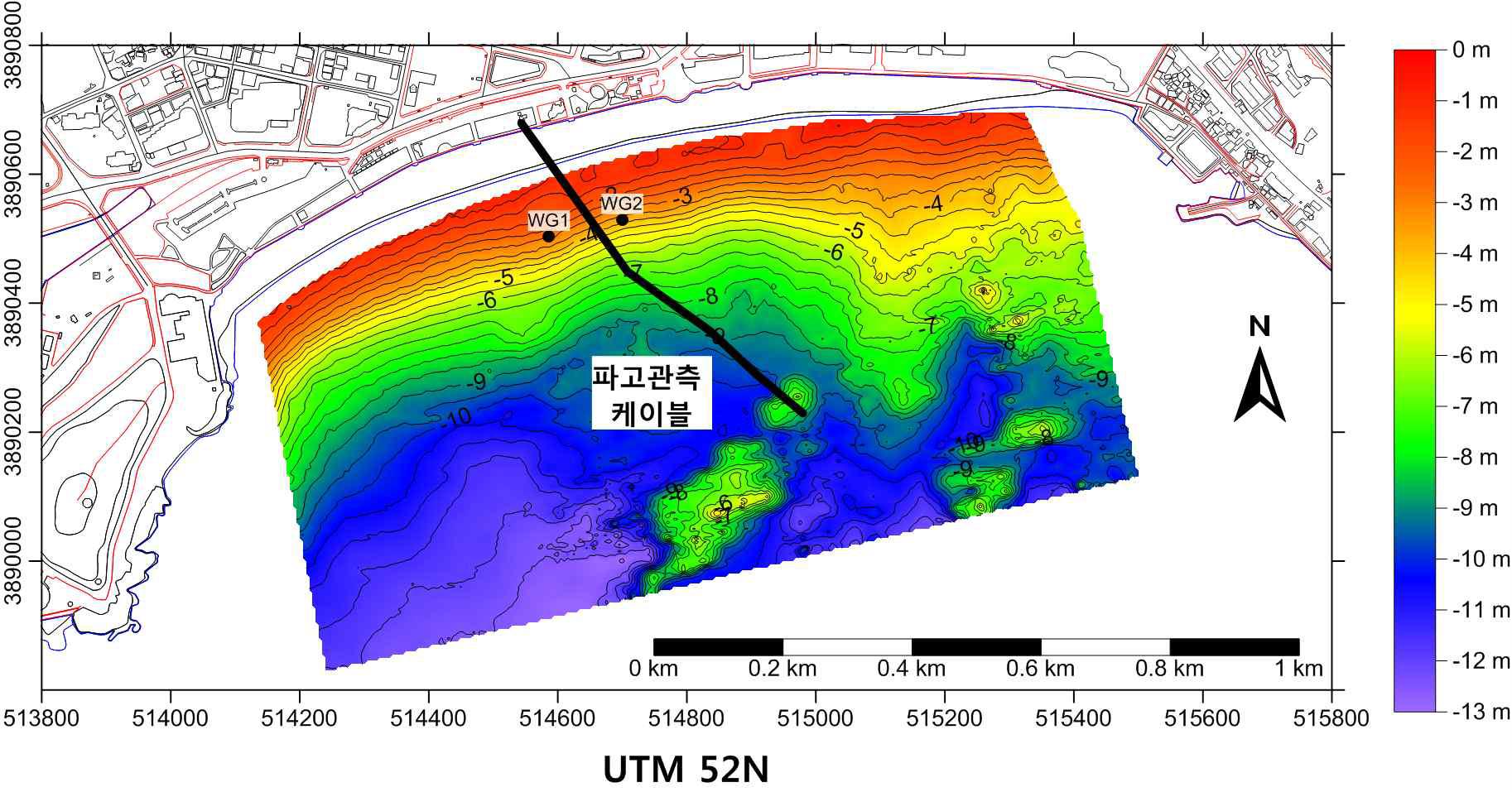 Bottom topography off Haeundae beach and deploy location of the wave measurements cable