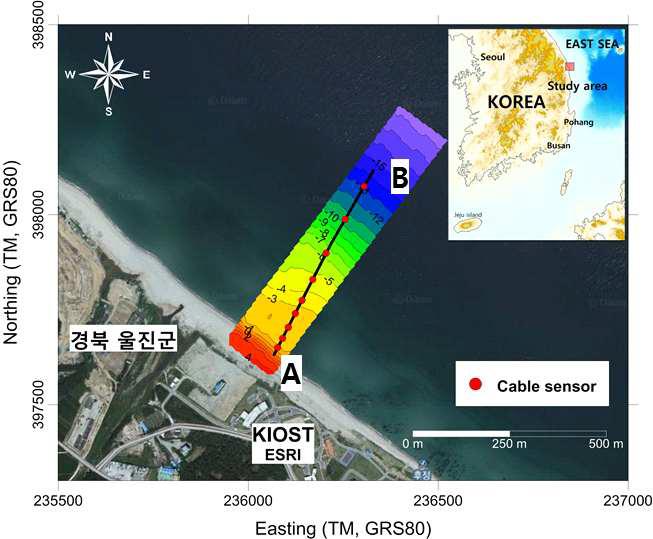 Deploy locations of the wave sensor cable and the topography