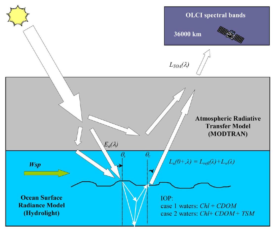 해양 위성 OLCI의 광학적 end-to-end 수치모사 개념도