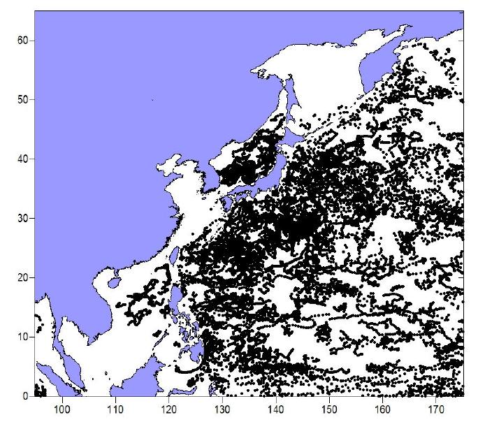 서태평양 해역의 ARGO 수직프로파일 자료 위치