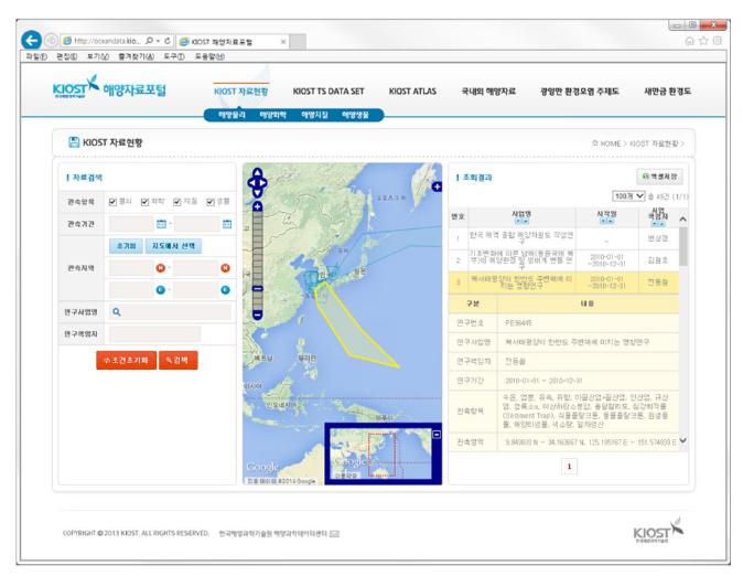 KIOST 자료현황 GIS 정보서비스 화면