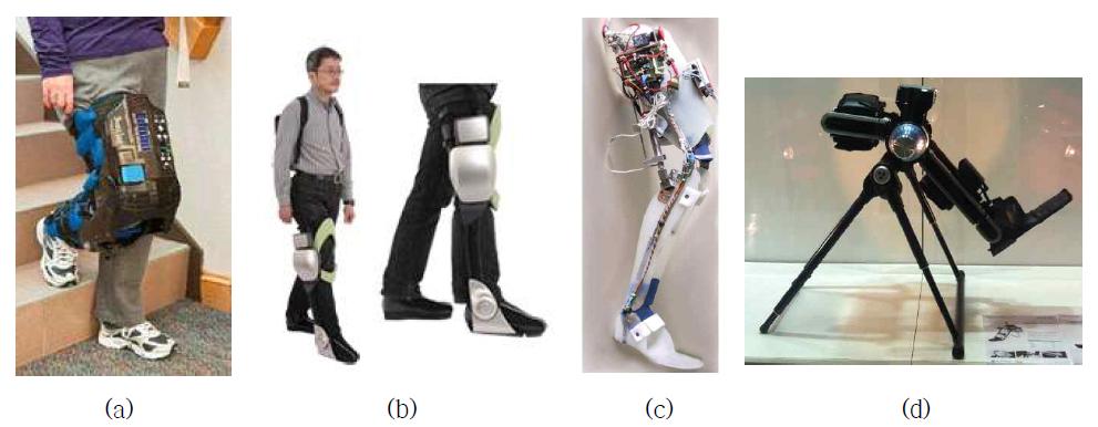 무릎 보조형 하지 외골격 로봇 시스템의 기존 연구. (a)AlterG社의 Bionic Leg, (b)Toyota社의 Wallk Assist Robot, (c)Berlin Univ.의 EMG신호를 이용한 외골격 로 봇, (d)한양대의 HEXAR-KR40R