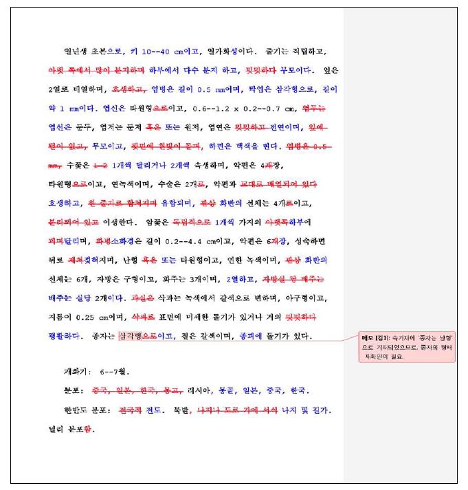 대상 분류군(장미아강 17과 46속)의 국문 생물지 원고 교열 현황 (일부).