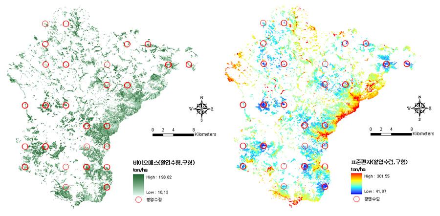 바이오매스의 회귀 크리깅 예측치와 표준편차 (활엽수림 그룹)