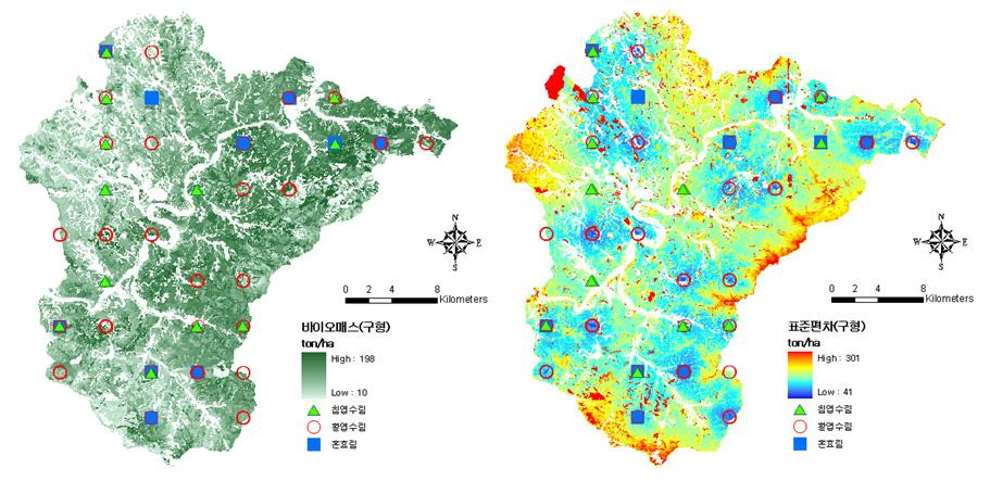 바이오매스의 회귀 크리깅 예측치와 표준편차 (임상별 추정결과 취합)