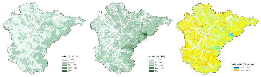 AGB 탄소지도(좌 : 1991, 중앙 : 2011, 우 : 변화지도)