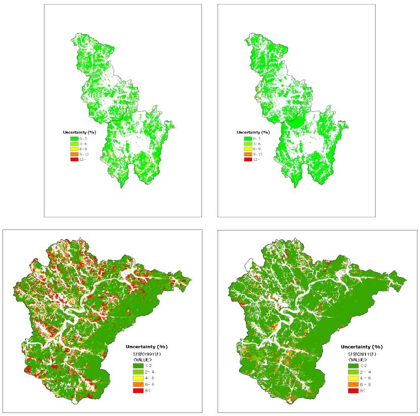 탄소지도의 불확실성 분포(상: 중: 대전/세종시(SVR 기반), 하: 단양군(회귀모델 기반), 좌: 1991, 우:2011)