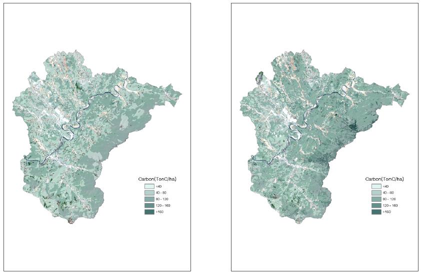 단양 산림탄소지도(좌 : 1991, 우 : 2011)