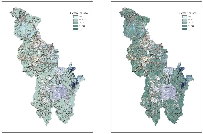 대전/세종시 산림탄소지도(좌 : 1991, 우 : 2011)