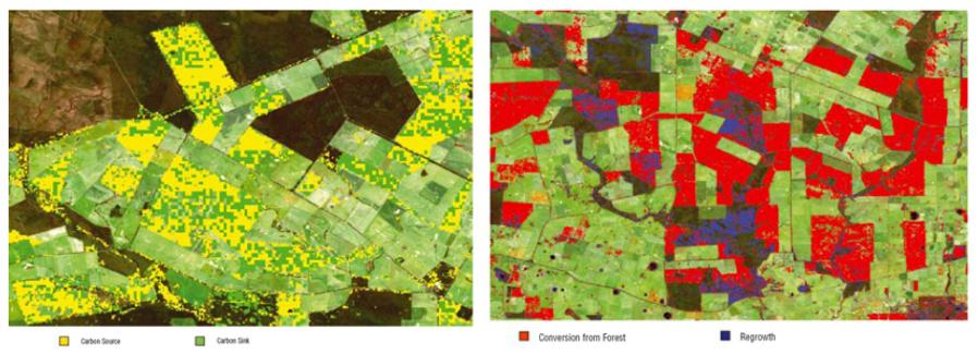 호주 국가온실가스계정시스템의 위성영상분석 기반 spatial carbon stocks change(좌) 및 토지피복변화(우)