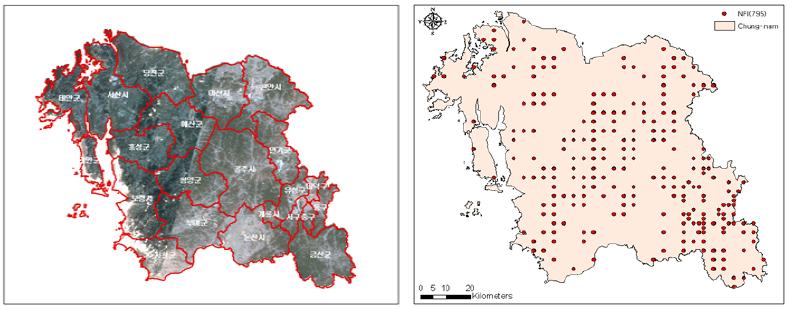 충청남도 지역과 표본점 위치
