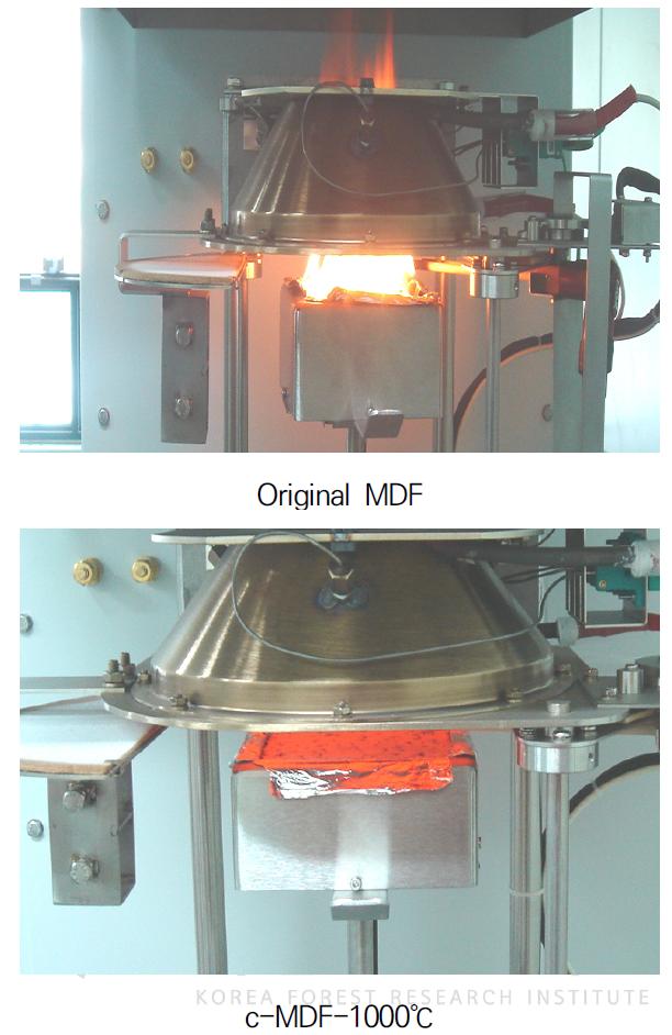 콘칼로리미터에 의한 MDF 및 탄화보드 연소과정 비교