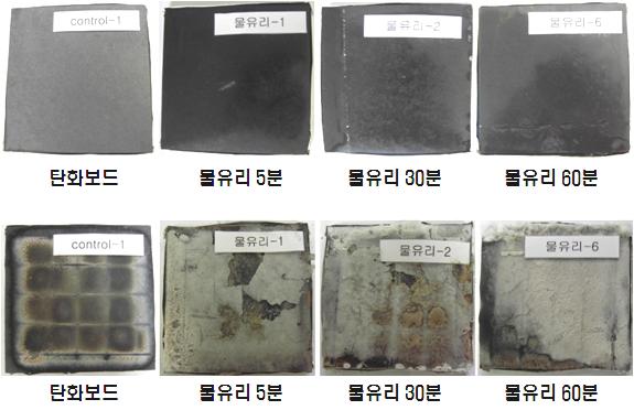 물유리 함침 시간에 따른 탄화보드의 연소 전(상)·후(하) 외관 비교