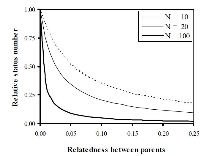 집단크기별 개체 간 유전적 근연관계에 따른 relative status number의 감소