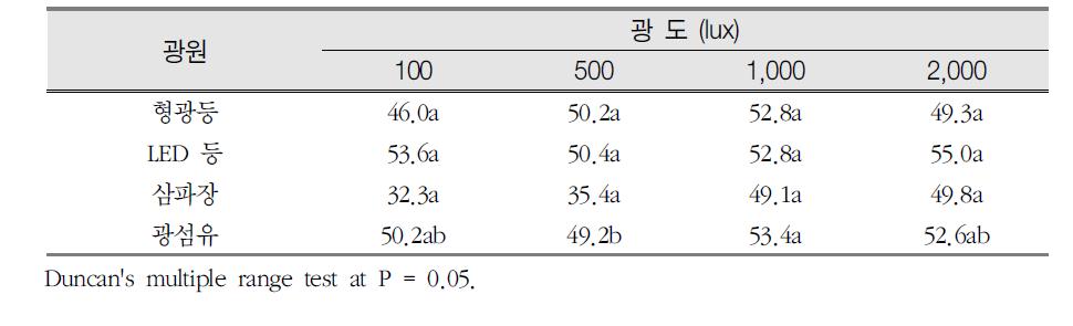 광원별, 광도별 참식나무의 엽록소함량(SPAD 값)