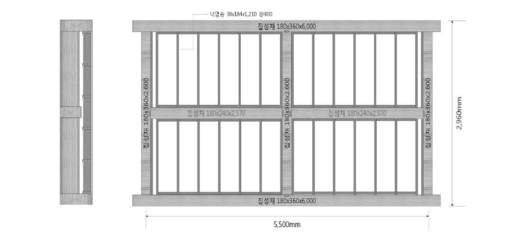 내화실험용 목구조 바닥 단면도 및 구조평면도