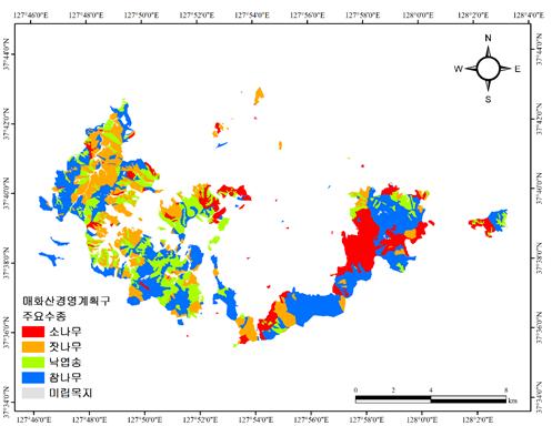 매화산경영계획구 주요수종 분포