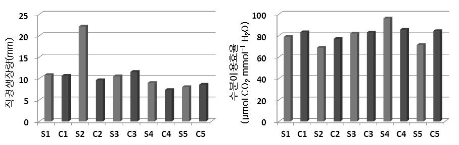 선발목(S)과 비교목(C)의 3년간(2007~2009) 직경생장 및 수분이용효율 비교
