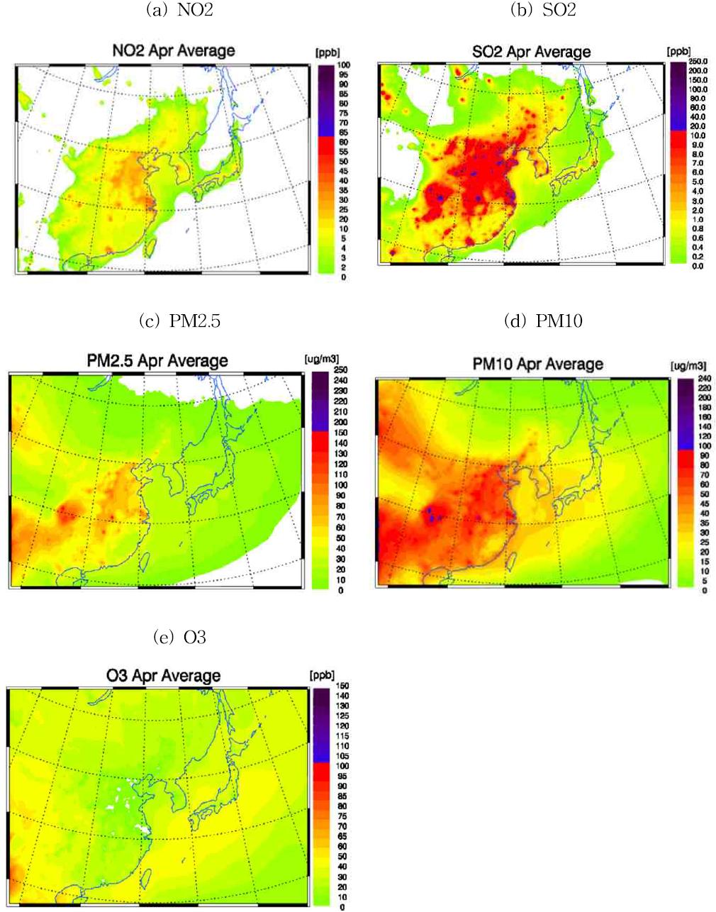 2010년 4월 평균 모의된 (a) NO2, (b) SO2, (c) PM2.5, (d) PM10, (e) O3 농도 공간 분포