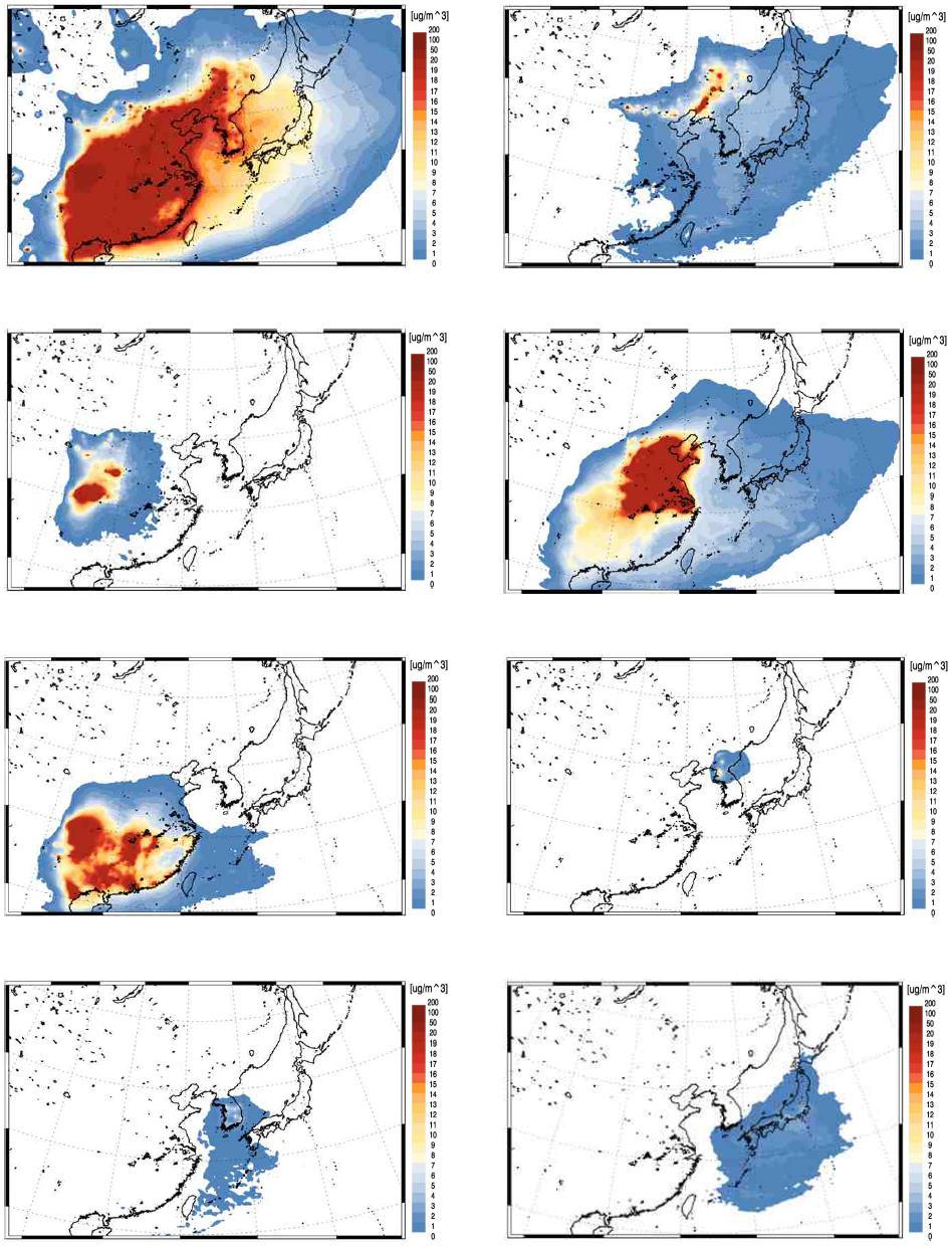 WRF-Chem 모의된 2010년 4월 평균 동북아시아 지역별 PM2.5 기여도