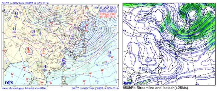 850 hPa weather charts and 850 hPa streamline for 14 November, 2014