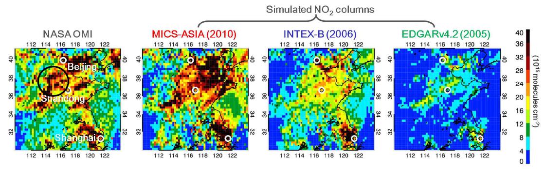 MICS-ASIA, INTEX-B, EDGARv.4.2 배출량 자료를 이용한 대기 화학 수송 모델 결과와 위성 관측된 NO2 column의 공간 분포 비교