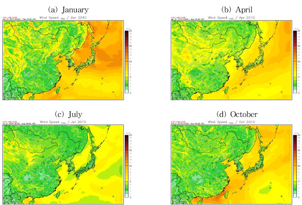 2010년 1, 4, 7, 10월 월평균 풍속의 공간분포