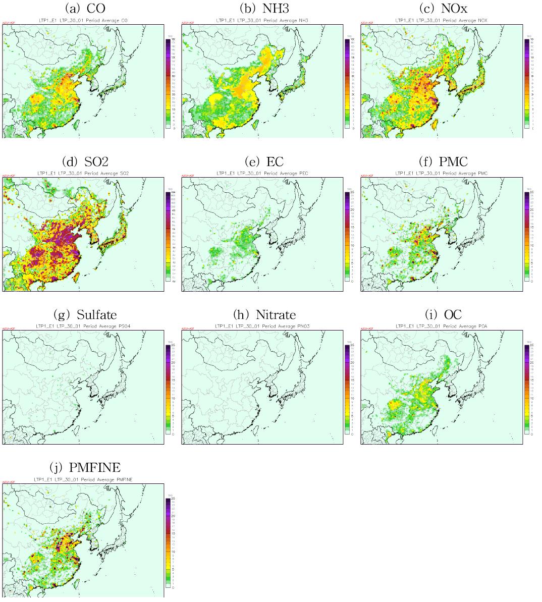 각 오염물질 별 2010년 기간평균(1, 4, 7, 10월) 배출량 공간분포