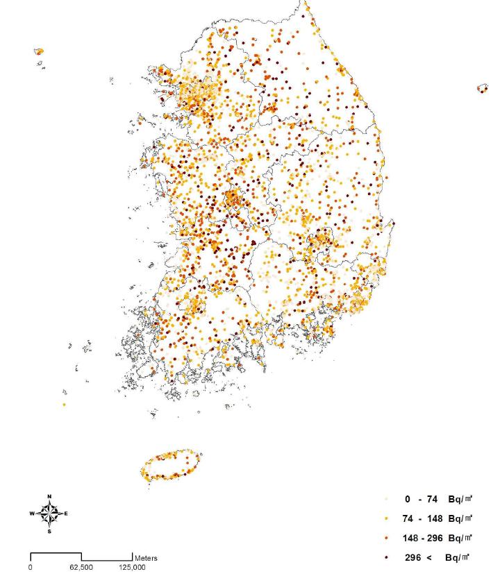 전국 실내 라돈 농도 분포