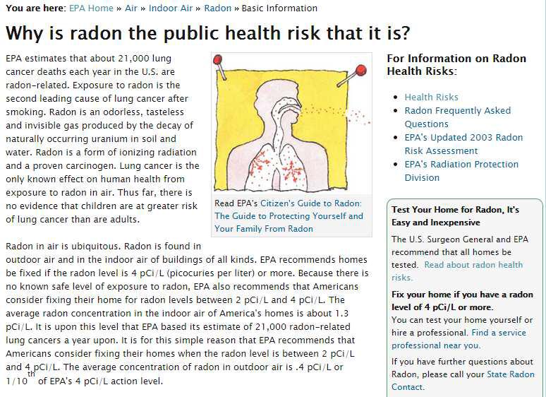 라돈의 위해성을 알리기 위한 USEPA의 인터넷 홈페이지의 일부