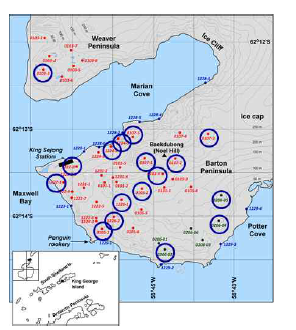 Sampling location map of the Barton Peninsula area. The Selected 17 samples for the analysis are indicated with the blue circle.