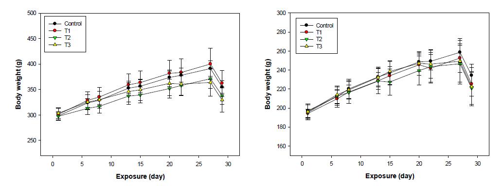 노출 기간 중 노출군별 체중 변화(좌 : 수컷 및 우 : 암컷)350