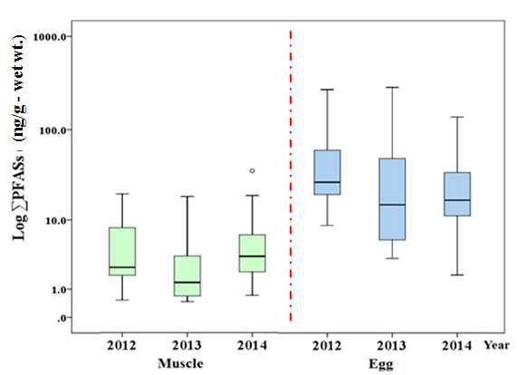 Comparison of total PFASs level in crucian carp according to years.