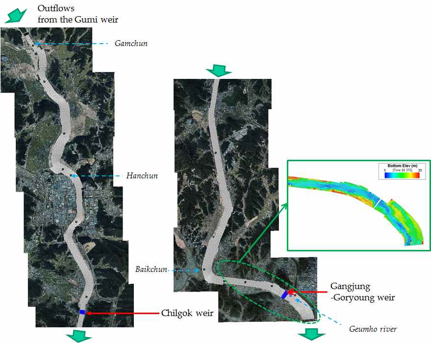 Horizontal modeling grid for the study area and bottom elevations within the selected regions - Model 1: Region of the Chilgok and Gangjung-Goryoung weir