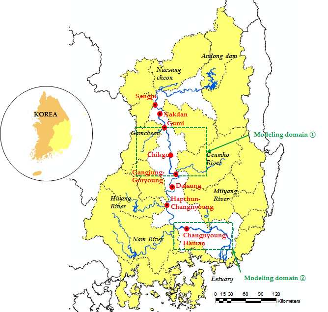 Location of the Nakdong river and modeling domains